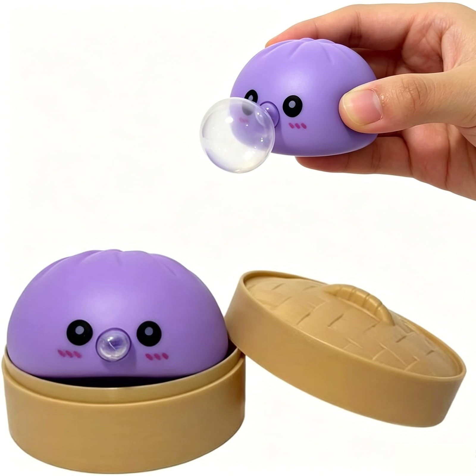 Giant Glitter Dumpling Squishys, Bubble Blowing Bao Bun Stress Relief Squishy Squeeze Toy with Steamer, Fun Soft Squeeze Glitter Dumplings Stress Ball Sensory Fidget Toys (Purple)