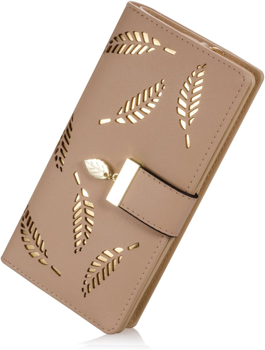 Women's Long Leaf Bifold Wallet Leather Card Holder Purse Zipper Buckle Elegant Clutch Wallet Handbag for Women - Khaki