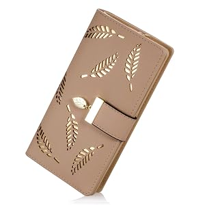 Womens Long Leaf Bifold Wallet Leather Card Holder Purse Zipper Buckle Elegant Clutch Wallet Handbag for Women -