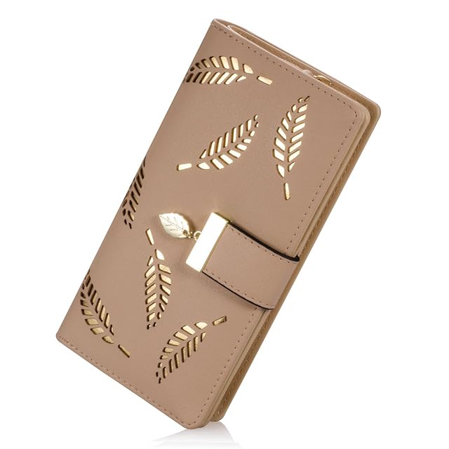 Womens Long Leaf Bifold Wallet Leather Card Holder Purse Zipper Buckle Elegant Clutch Wallet Handbag for Women -