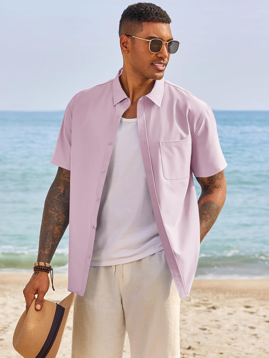 Runcati Mens Button Down Shirts Short Sleeve Casual Dress Shirt Summer Untucked Shirts with Pocket - Image 3