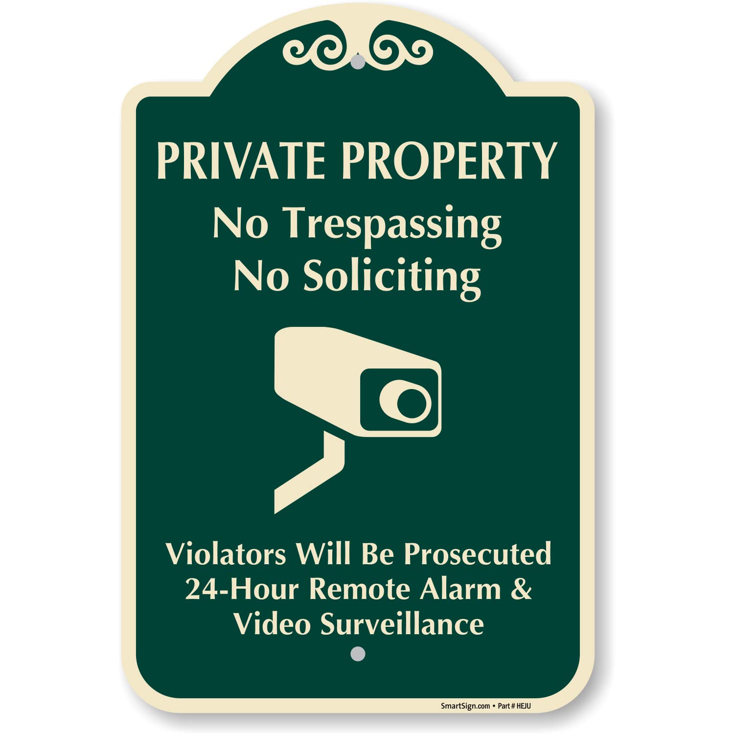 SmartSign Designer "Private Property - No Trespassing Soliciting, 24 Hour Remote Alarm And Video Surveillance" Sign, 12" x 18", 120 mil Aluminum
