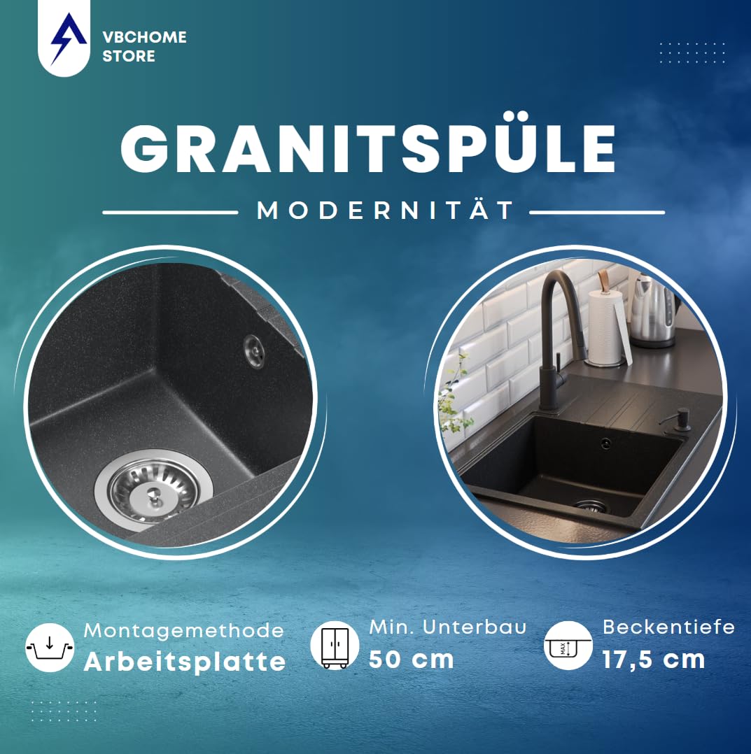 VBChome Fregadero de granito negro con grifo de acero inoxidable, 55 x 44 cm, fregadero individual, reversible, moteado, juego completo con sifón, perfecto para cocinas pequeñas