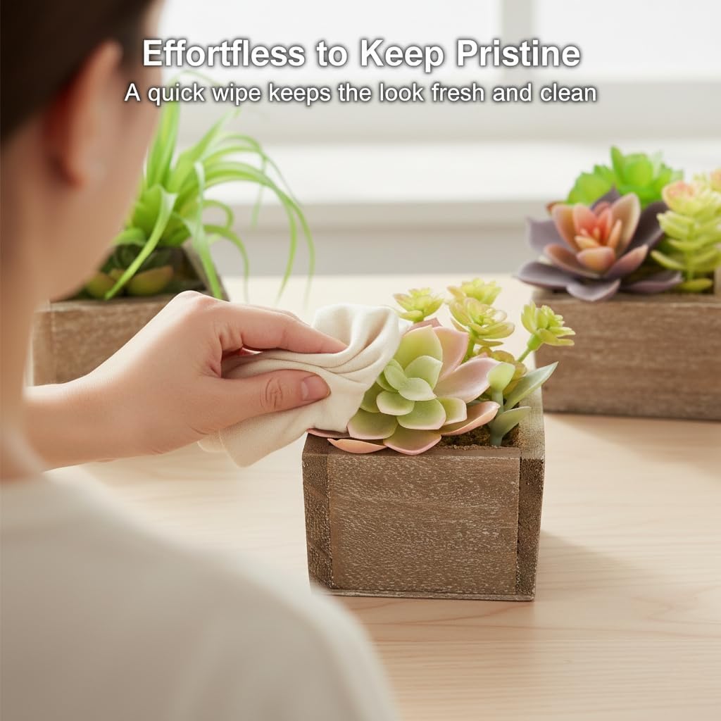 Mingfuxin Artificial Succulents Indoor, Set of 3 Mini Potted Greenery in Rustic Wood Planters, Tabletop Accent for Office, Bathroom Shelf, No Watering - Image 5