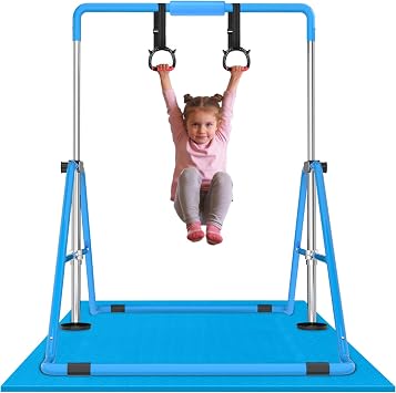 WATBKHE Gymnastics Bar Adjustable & Foldable Training Kip Bar with Rings and Mats, Sturdy Gymnastics Horizontal Bar, Gymnastics Equipment for Home Practice, Blue