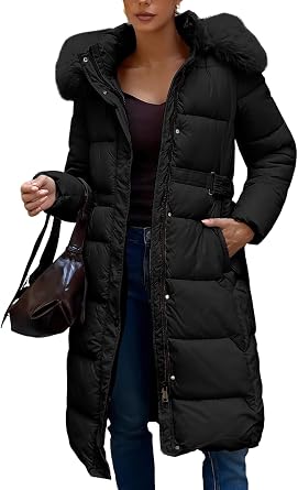 Women Long Quilted Puffer Winter Coat with Faux Fur Trim Collar
