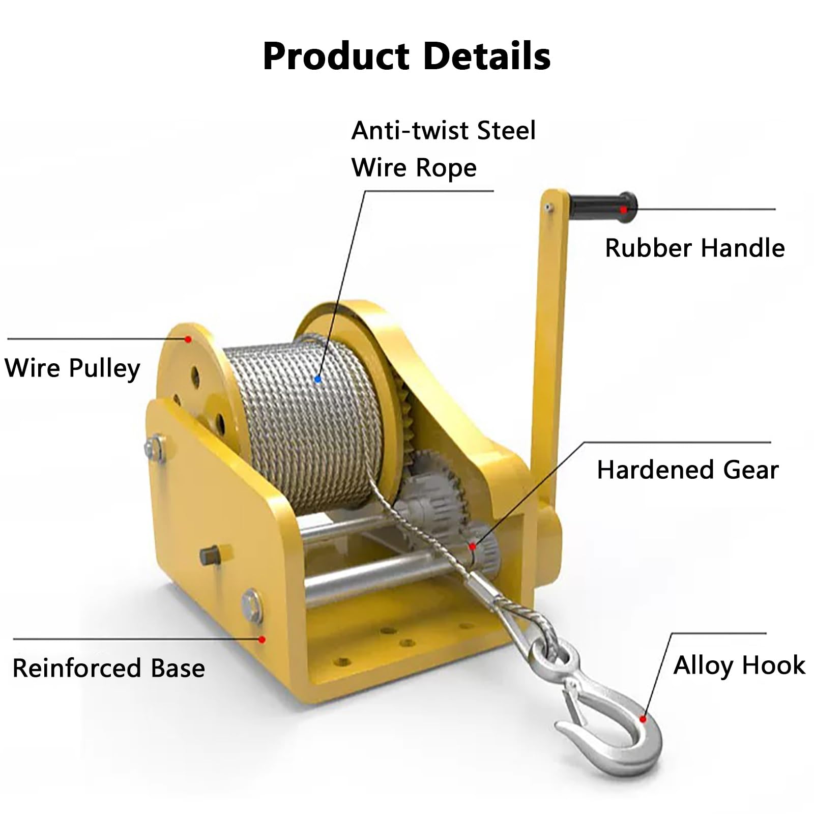 Cabrestante Manual de Doble Sentido con Autobloqueo, Cabrestante Manual con Manivela, con Cable de Acero y Gancho, para Embarcaciones, Camiones, Remolques(2600LB+5m/16.4ft)