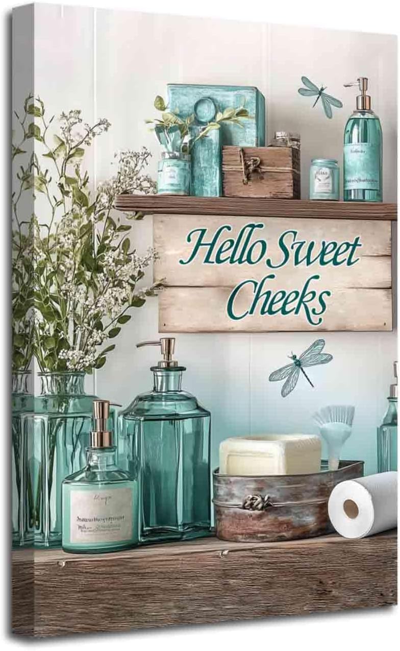 YMXDYMJSW Teal Bathroom Wall Art Turquoise Canvas Prints Rustic Bathroom Sign Pictures Farmhouse Flower Poster Prints for Toilet Restroom Decor Framed (Teal, (18L x 12W))