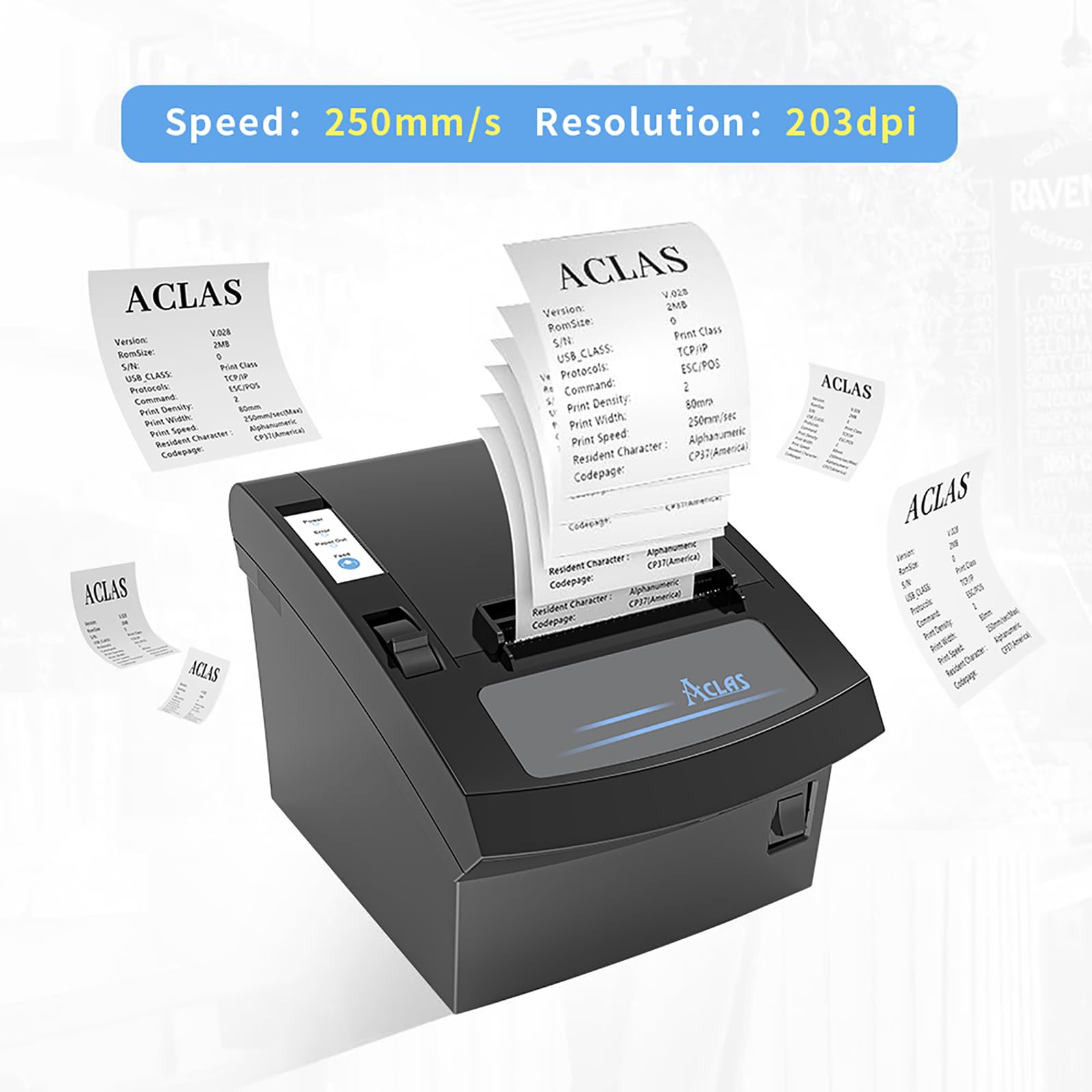 ACLAS Stampante termica 80mm per ricevute con auto-cut ESC/POS per cassetto registratore di cassa (250 mm/sec, USB/LAN/Ethernet Serial Port)
