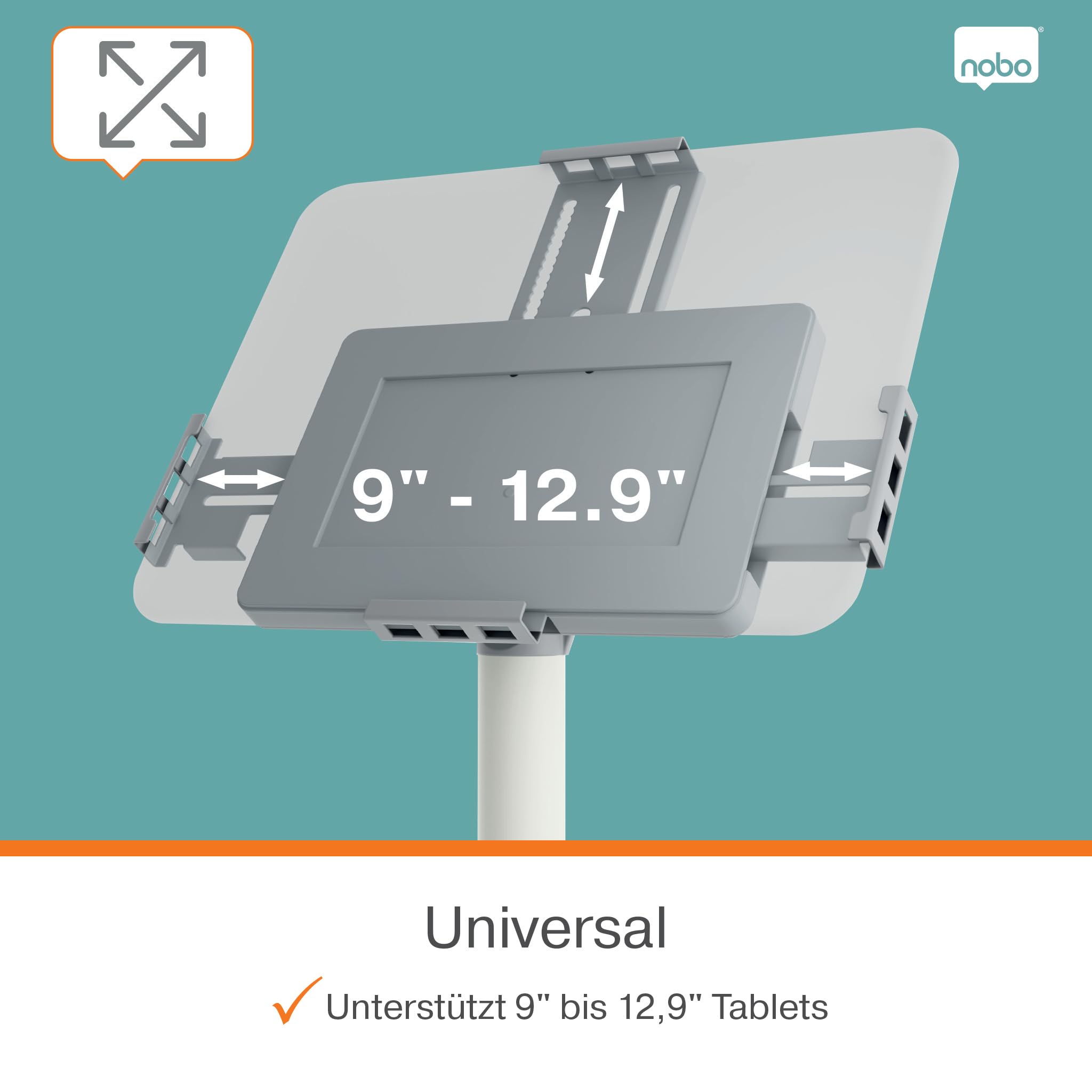 Nobo Impression Pro Tablet-Bodenständer, höhenverstellbar & abschließbar | Für Tablets 9"-12,9", Höhe 690-1190 mm, drehbar, Kabelmanagement, Diebstahlschutz, Empfang, Shop, Messe, weiß