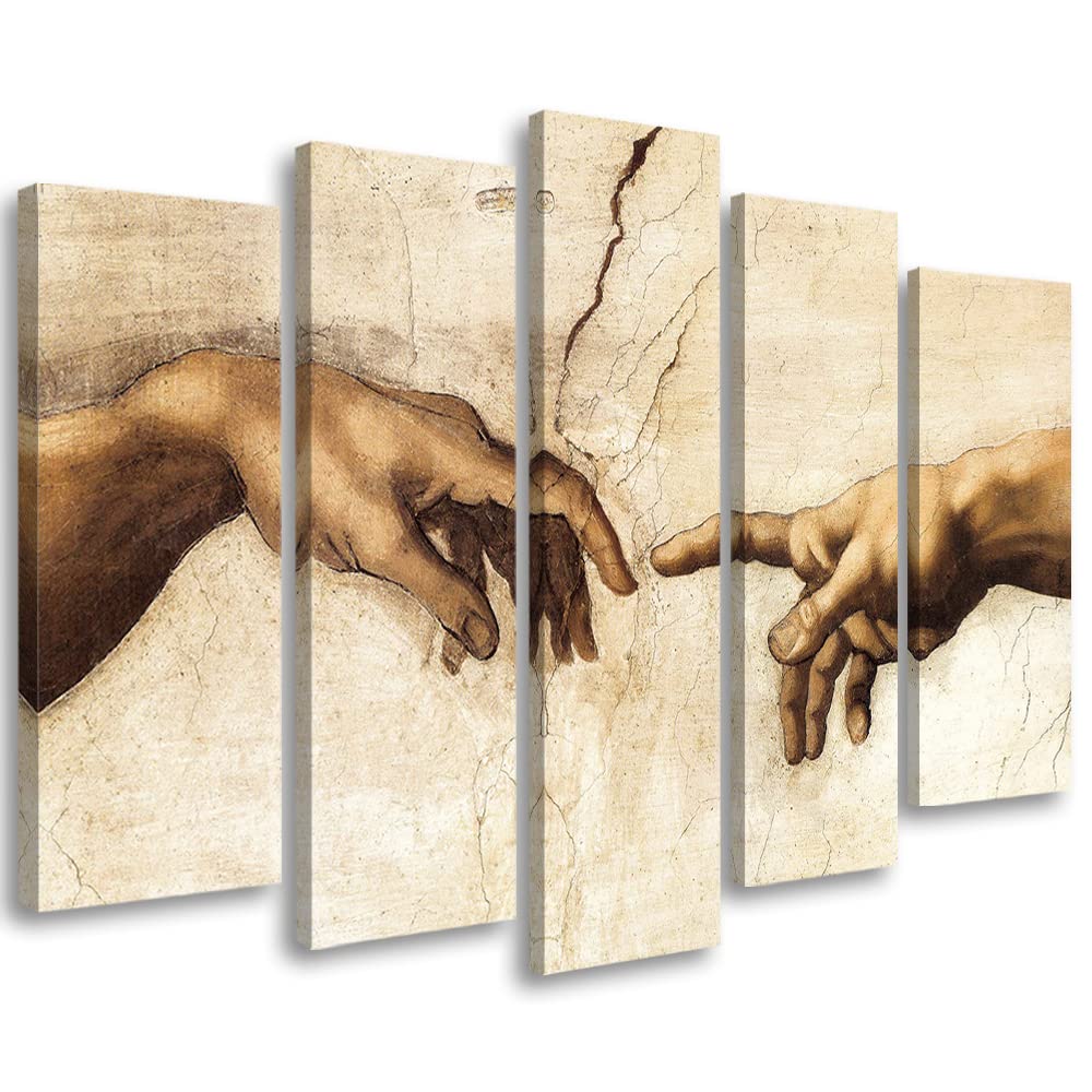 Feeby 5-teilig Bild auf Vlies Leinwand 150x100 cm Die Erschaffung Adams Reproduktion Michelangelo Kunstdruck Modern Wandbilder Deko Flur Wohnzimmer Gewölbe Sixtinische Kapelle Hände Beige