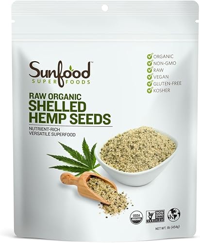 Sunfood Superfoods Semillas de cáñamo sin cáscara. Crudas, orgánicas, sin OMG. Valor a granel. Ricas en proteínas, aminoácidos, grasas vegetales