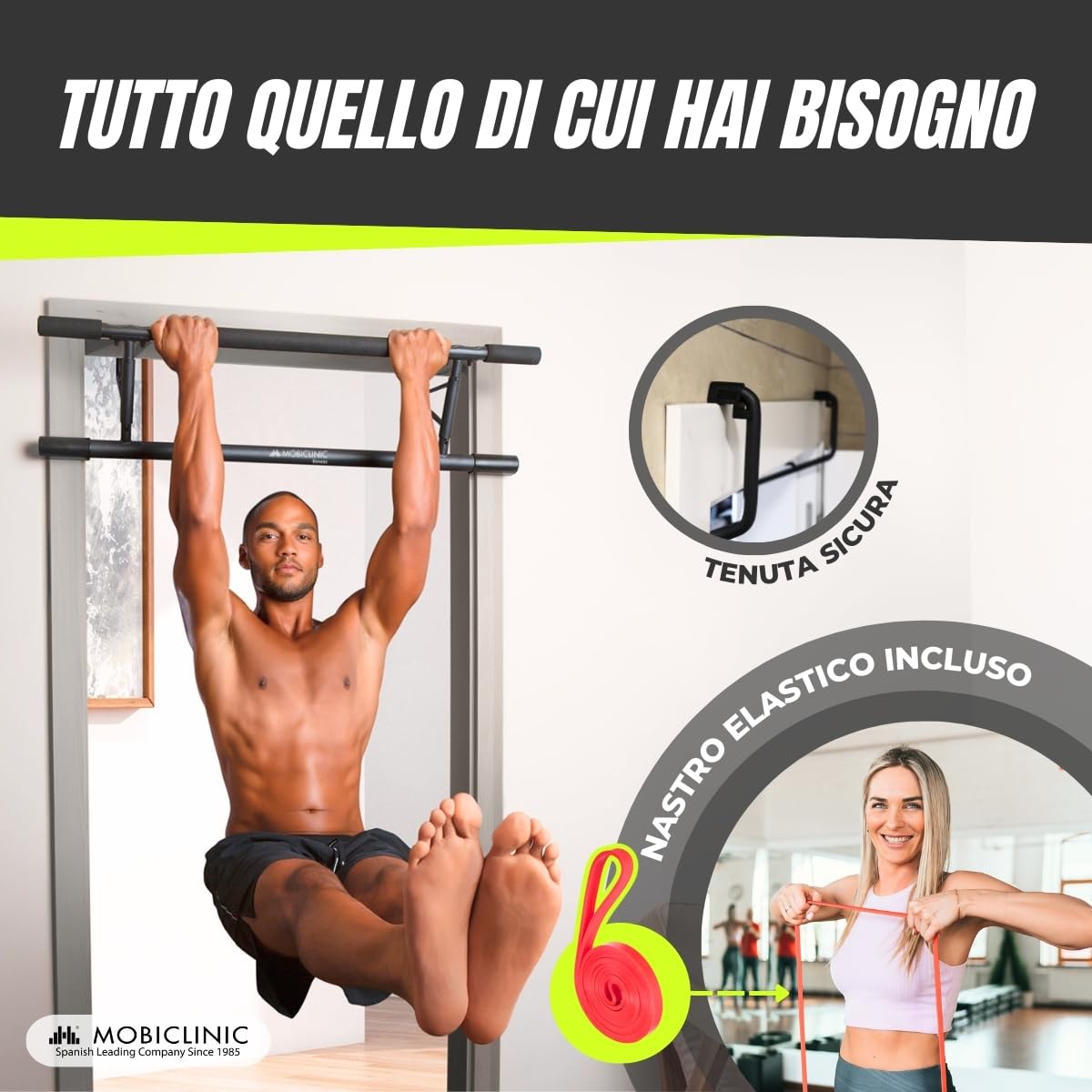 Mobiclinic®, Barra per trazioni sospese, Senza attrezzi, K5, Max. 200 kg, Con maniglie elastiche e antiscivolo in schiuma, Regolabile da 70 a 92 cm, Esercizio domestico, Facile riporre