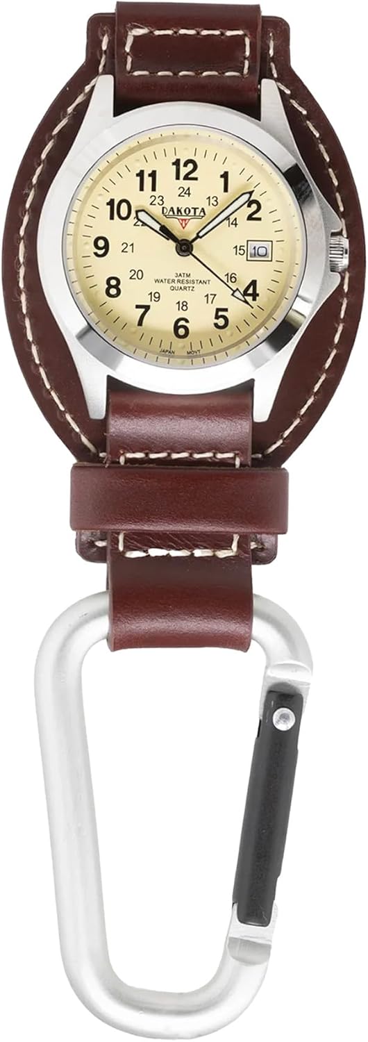 Dakota Leather Field Clip, Clip Watch, Leather Fob Strap, Lightweight Dress Pocket Watch, Outdoor Gifts for Men and Women, Use for Fishing, Golf and More