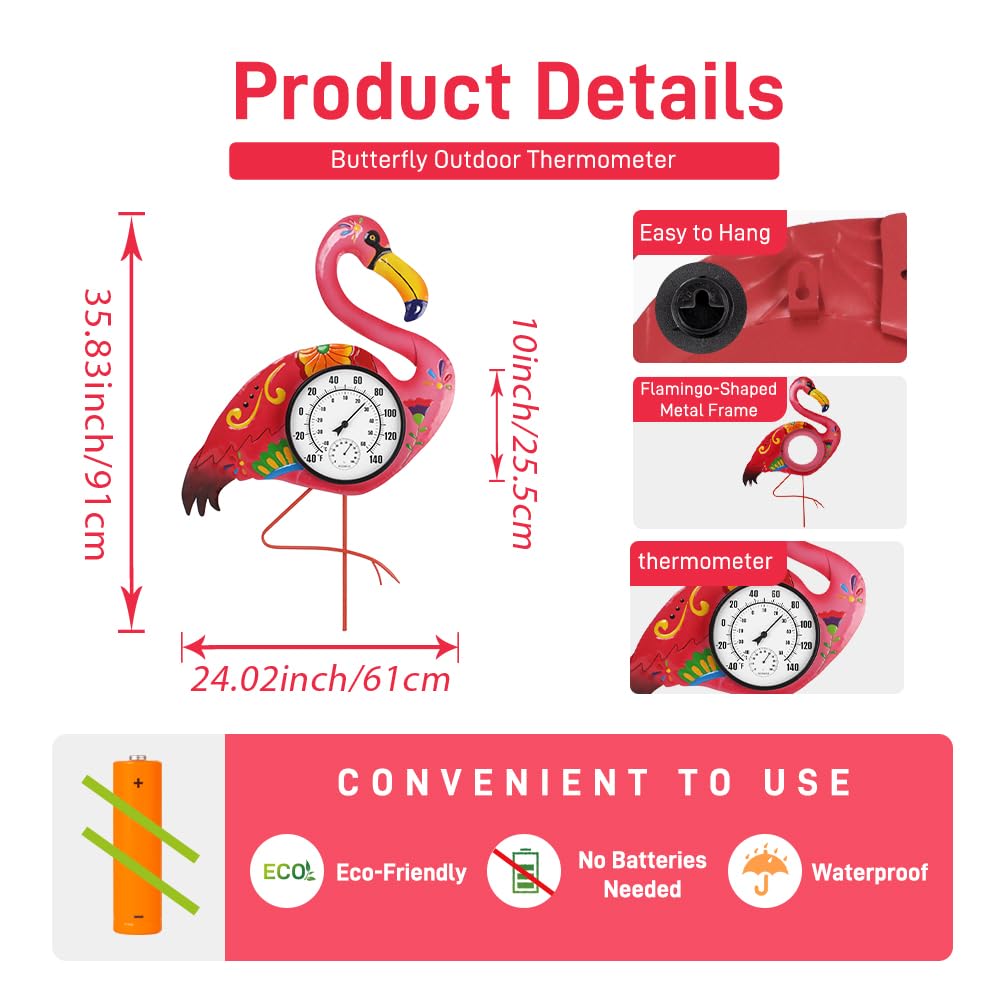 Flamingo - Termómetro para interiores y exteriores con humedad, termómetro exterior decorativo de 24 pulgadas para patio, jardín, decoración de sala de estar, números grandes fáciles de leer