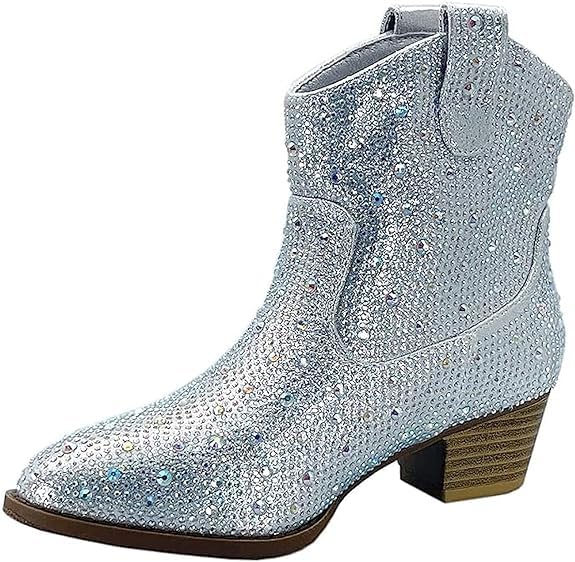Forever Girls Rhinestone Cowboy Boots Kids Low Heel Dress Booties River-01K Silver 122