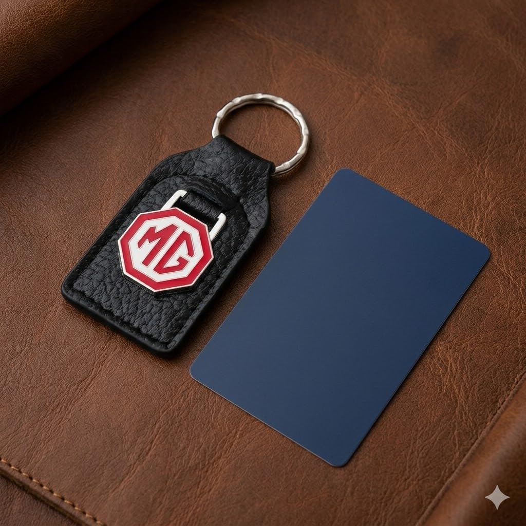 MG (MGB) Red White Leather and Enamel Key Ring Key Fob