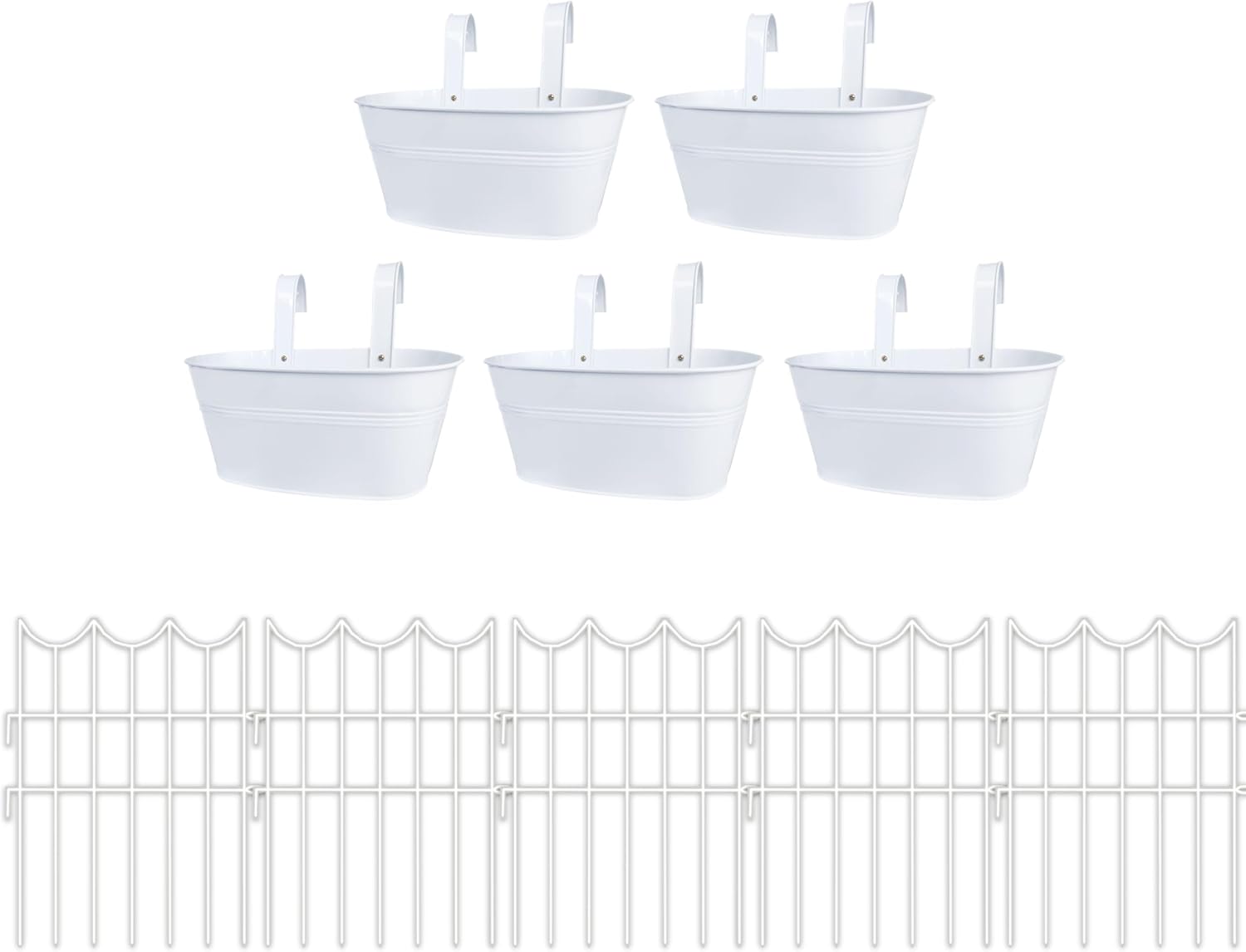 LaLaGreen Bundle- 5 Pack, 11.2 Inch White Metal Pot + 10 Pack, 16.5 Inch Decorative Garden Fence Small Wire Barrier Fence Landscape Edging Outdoor Deck Rail Balcony Window Plant Box Porch Garden Decor