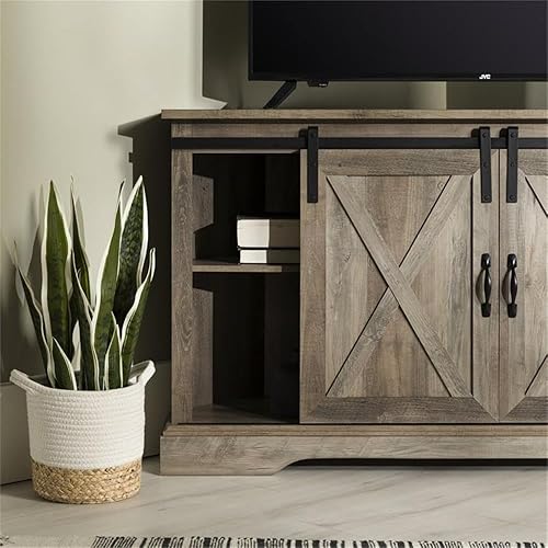 Miniatura 4 de Pemberly Row Soporte esquinero de madera para TV de hasta 52 pulgadas con puertas corredizas de granero, 3 estantes ajustables, puertos de gestión