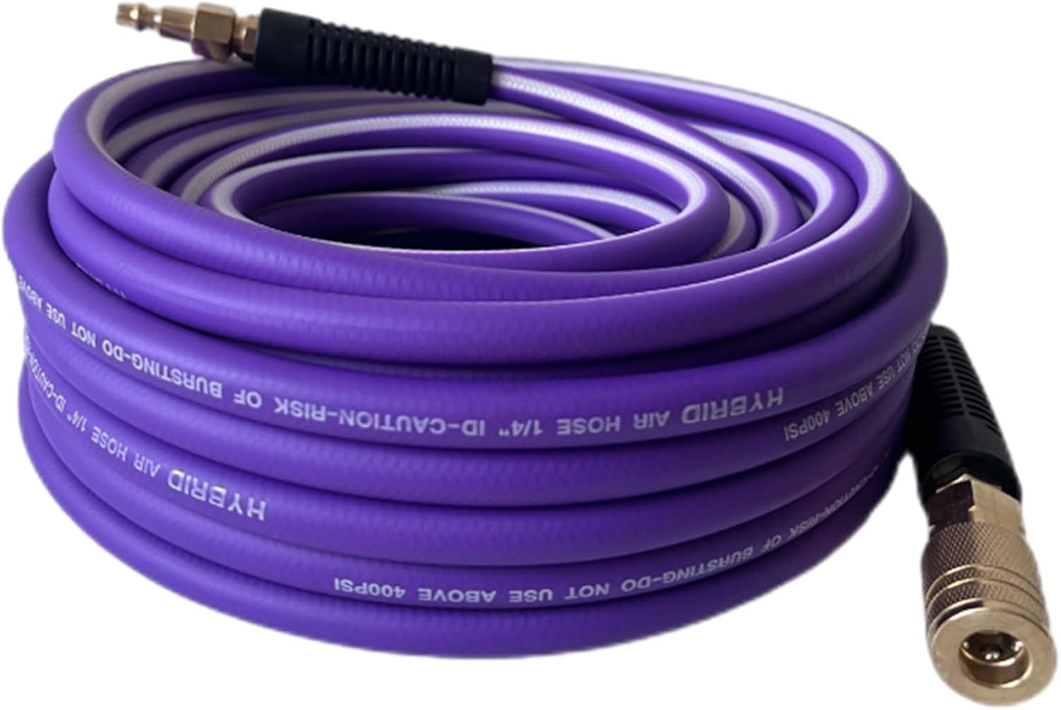 Air Hose 1/4 in x 100 ft, Heavy Duty, Lightweight, Kink Resistant, Hybrid Air Compressor Hose with 1/4 in Solid Brass Male Fittings, Bend Restrictors, 400 PSI(100ft, Purple White)