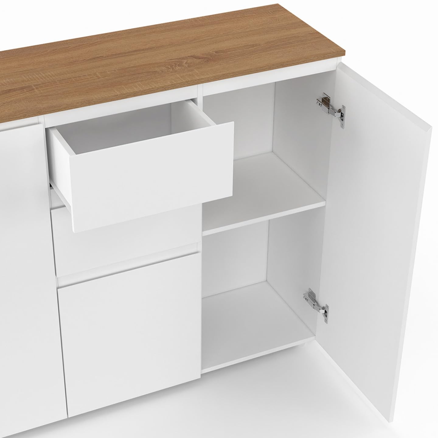 IDMarket - Aparador Toby de 100 cm, 3 puertas, 2 cajones, blanco con tablero de madera