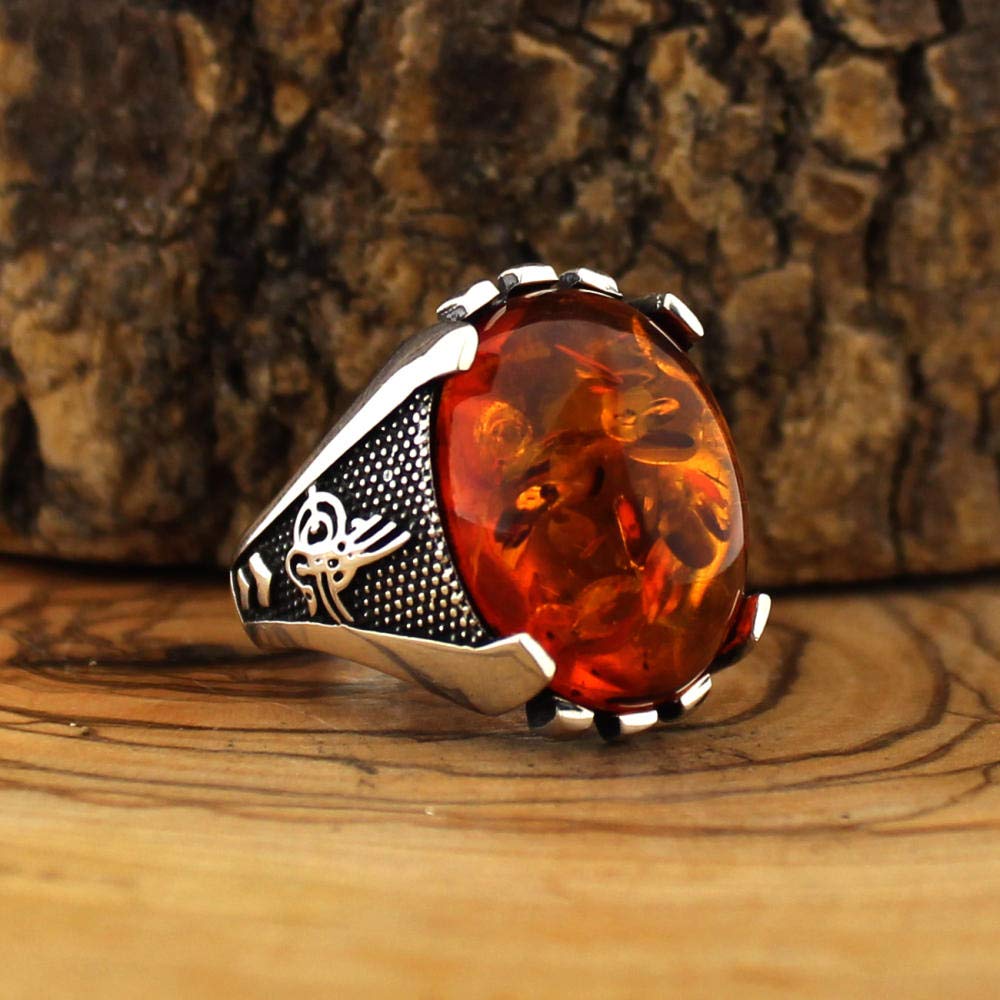 WWAANNGG925 Sterling Silver Ring for Men Onyx Agate Zircon Stone-11_Amber