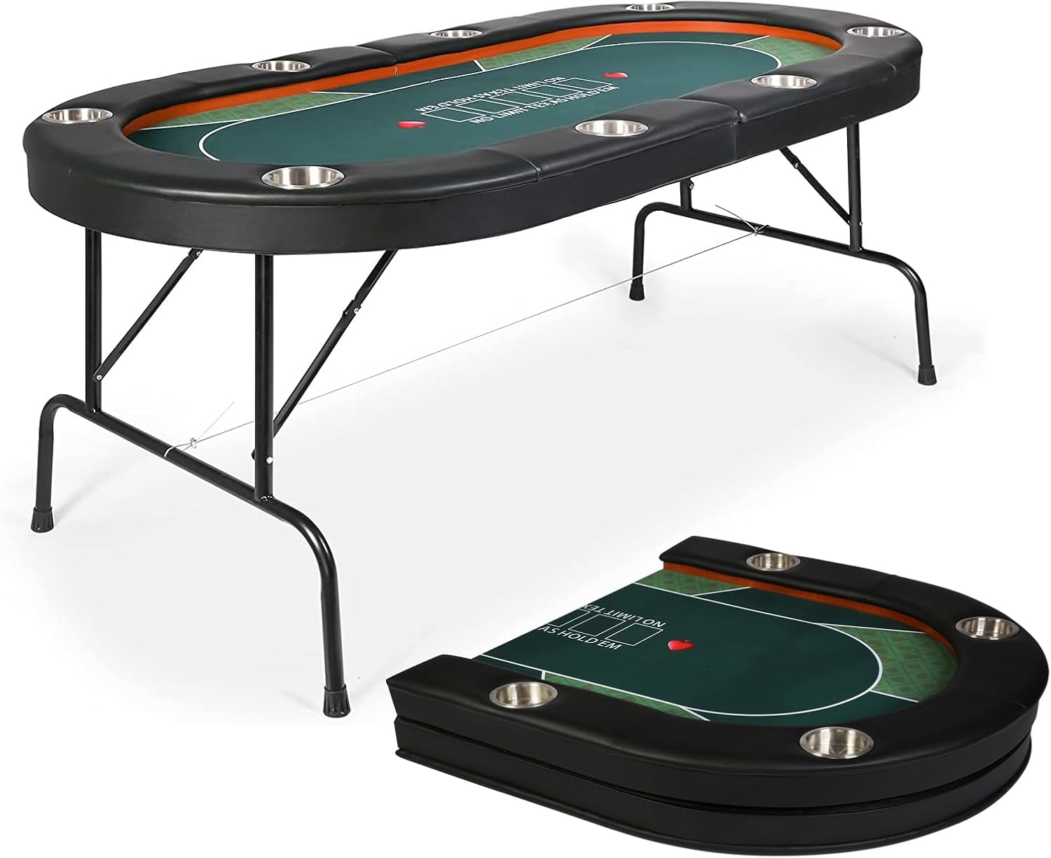 LUCKYERMORE Poker Table Foldable 8 Playes, w/Upgraded Padded Rails & Stainless Steel Cup Holders, Texas Holdem Poker Table for Texas Casino Leisure Game Blackjack Board Game, No Assembly Required