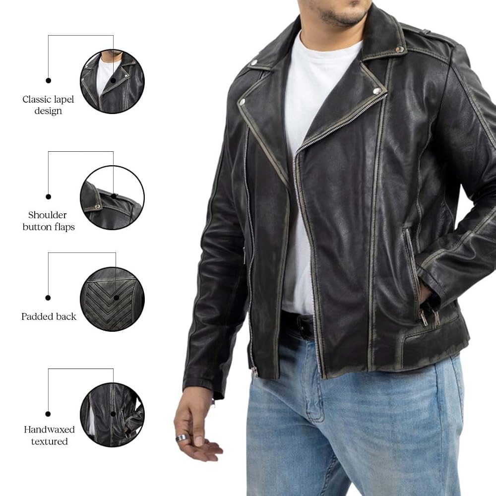 【L.E.E.Y】 LEATHER HAND BIKE JACKET Jild Biker Style Genuine Leather Jacket Men - Vintage Look