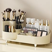 Lamok Countertop Makeup Organizer for Cosmetics, Rotating Vanity Holder for Lotions, Cream, Brushes, Eyeliner, Nail Polish, Lipstick, Eyeshadow, Jewelry (Ivory)