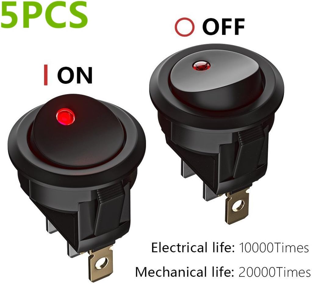 5pcs LED Lighted Rocker Switch, DC 12V 20A On/OFF Self Latching Rocker Switch Toggle SPST Rocker Switch Press Button Round Rocker Switch for Car Auto Boat Household Appliances