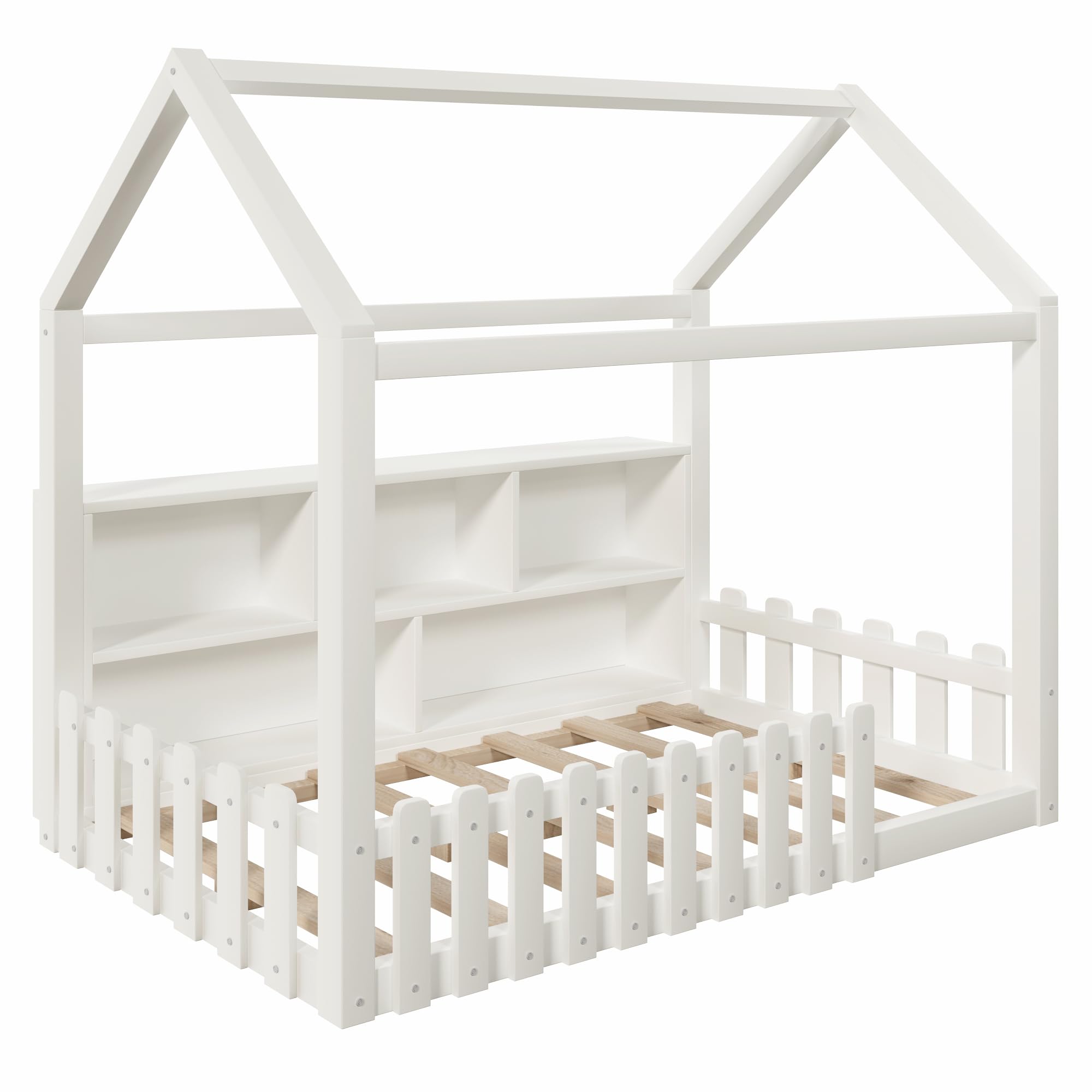 Lit cabane Enfants 90x190 cm avec LED,lit Enfant avec Barriere,lit Enfant cabane lit au Sol Enfant,Compartiments de Rangement Ouverts, Design Maison,Bande de Maison,Bois de pin,Blanc