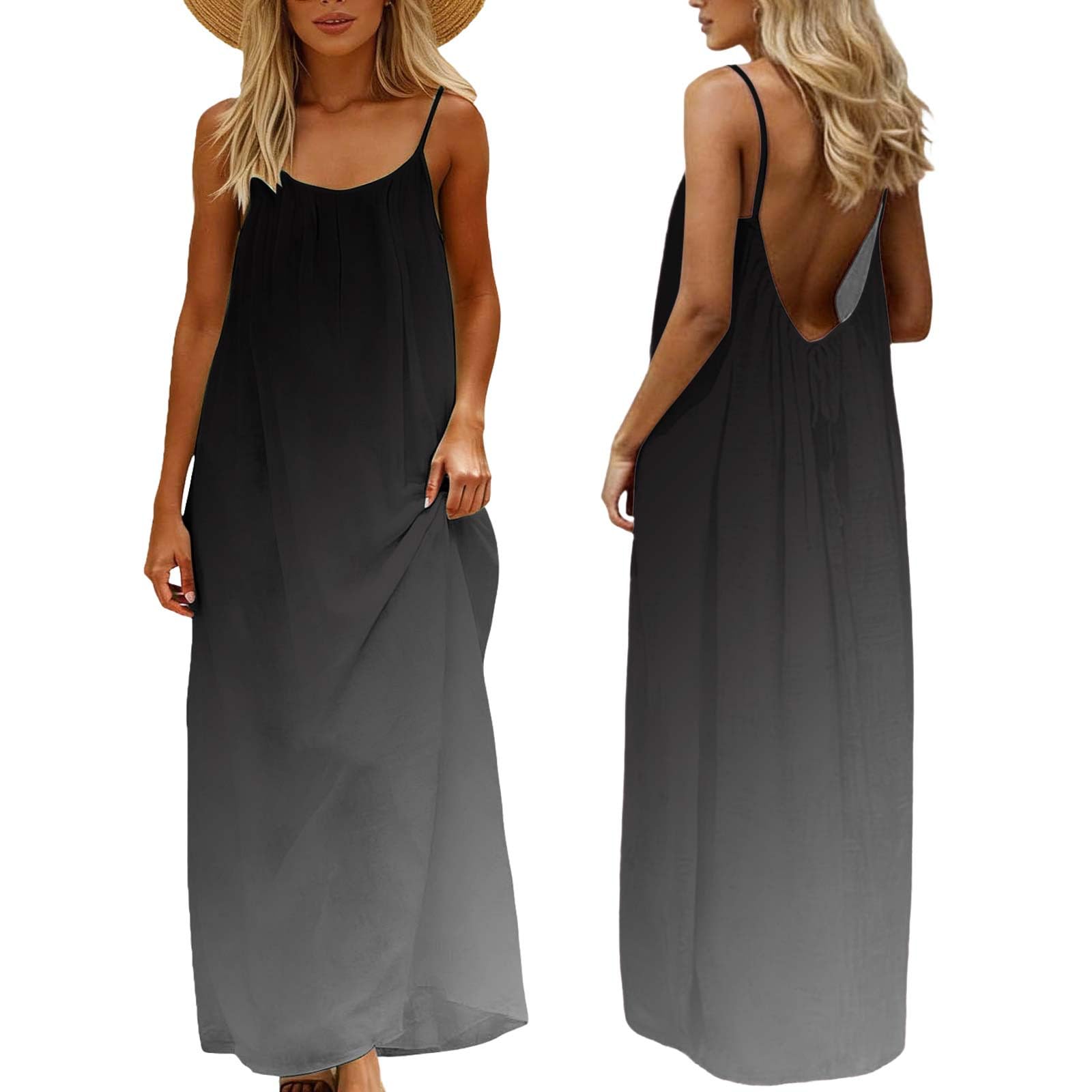 Aopir Women's A01-Black Spaghetti Strap Backless Maxi Dress Elegant Sleeveless Gradient Color Flowy Long Dress For Beach Vacation