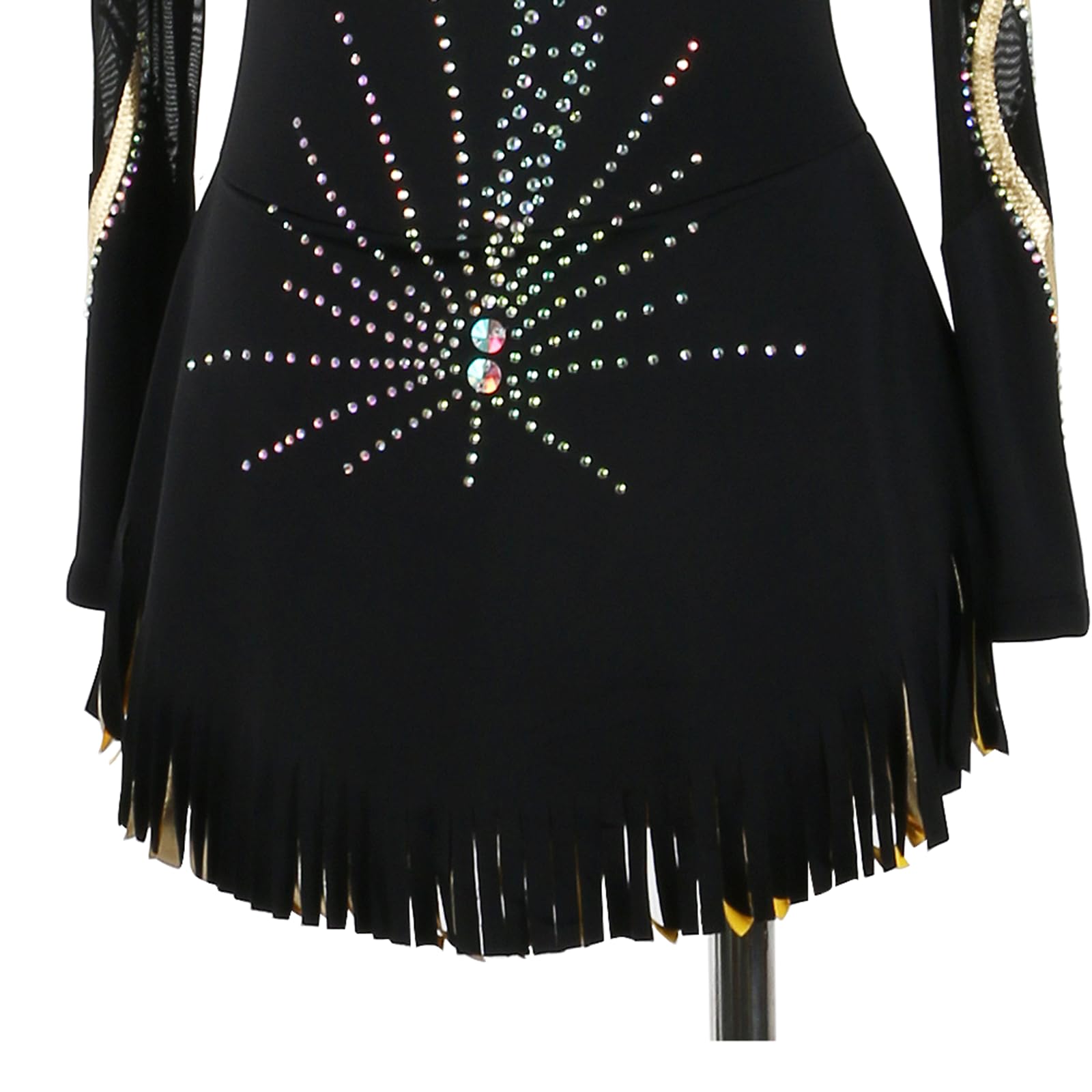 Vestido de Patinaje artístico, Malla con borlas y Diamantes de imitación, Traje de competición, Leotardo de Danza lírica y Gimnasia, Vestido de Patinaje sobre Hielo (Negro S)