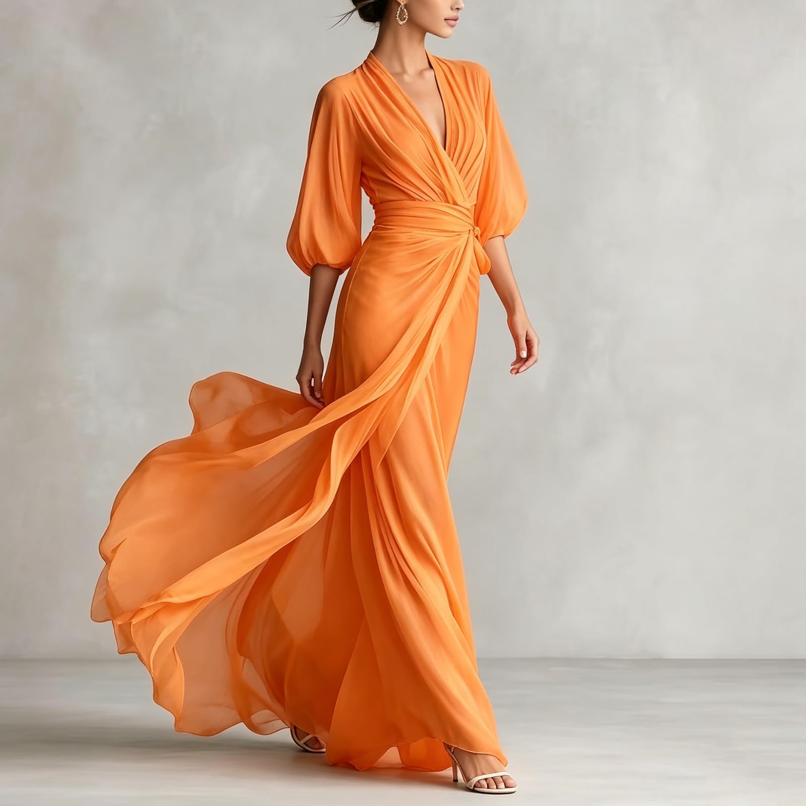 Vestido De Mujer Y Tul con Diseño Cruzado Escote En V Manga Abullonada