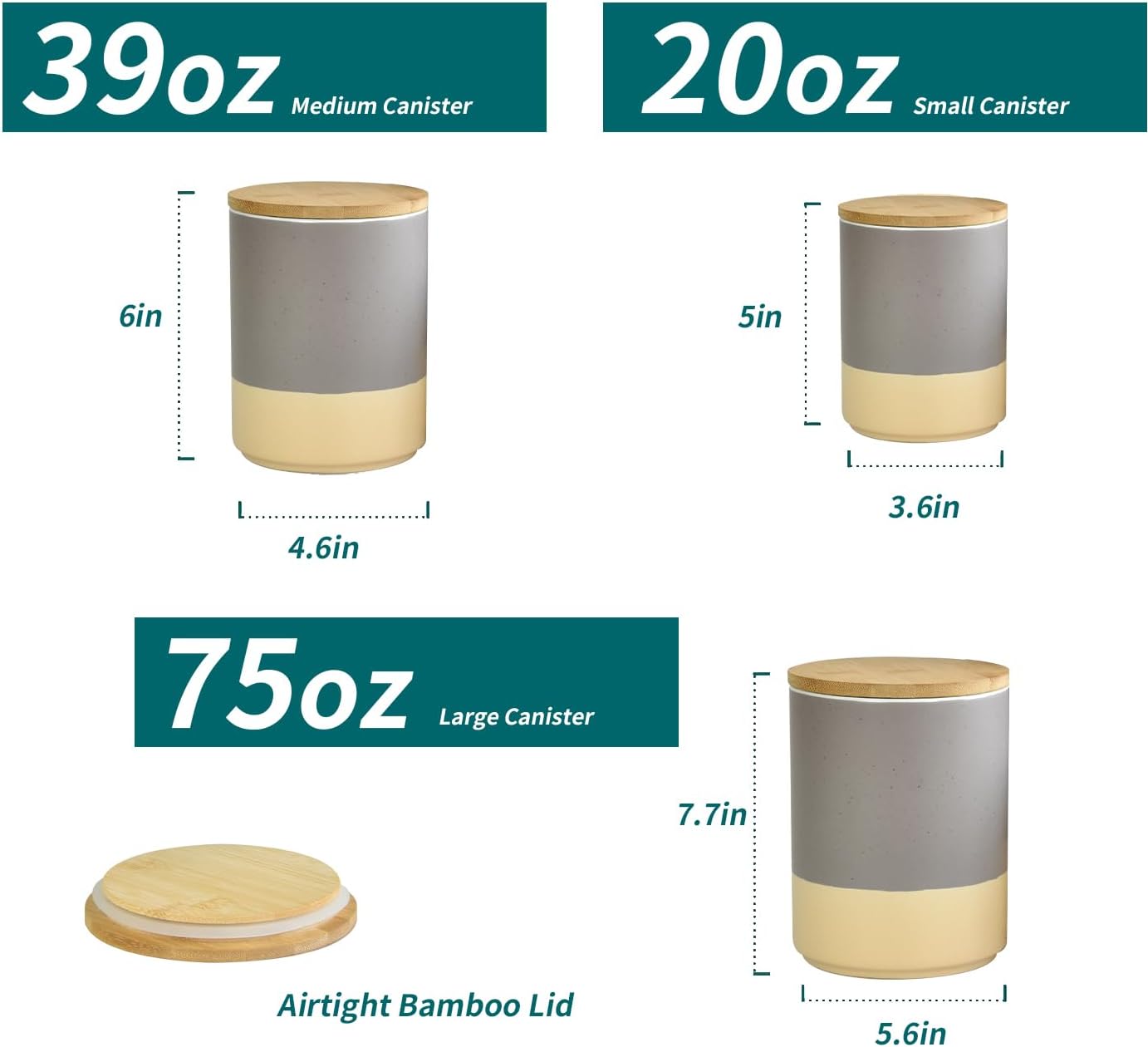 ARTONUSA Ceramic Canister Set with Airtight Wood Lids - 3-Piece Kitchen Storage for Flour, Sugar, Coffee, Tea & Spices - Modern Countertop Decor (Gray)