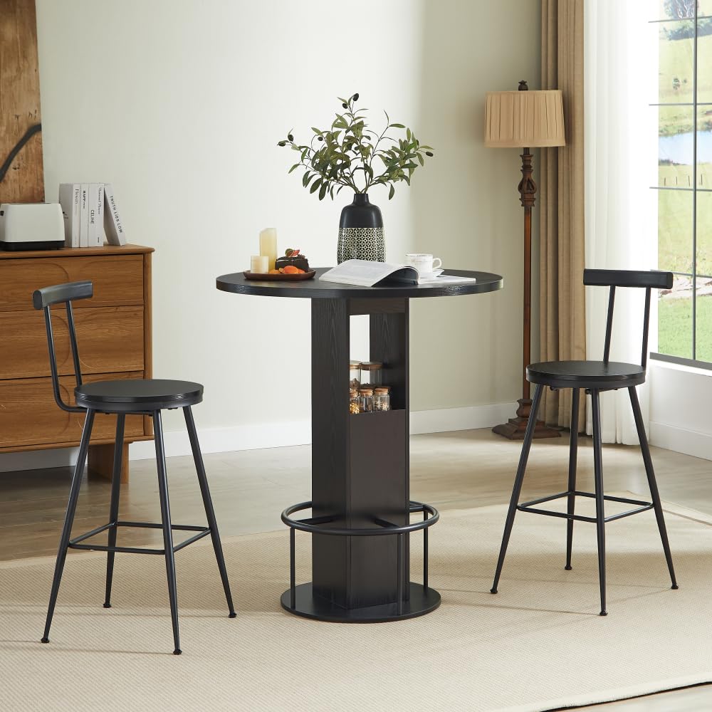 Juego de mesa de bar de 3 piezas con mesa redonda y 2 taburetes de madera robusta con reposapiés de metal, perfecto para comedores, cafeterías, bares, salones, estables y versátiles, 193