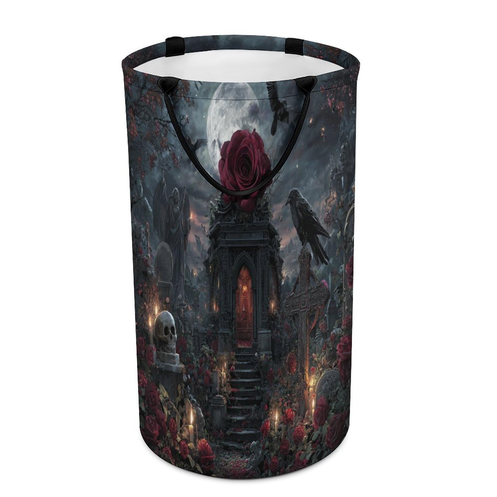 LUYYSKY Gothic Realistic Black Crow Dirty Clothes Basket, Mid Century Retro Full Moon Garden Animal Bat Roses Flowers Skull Skel Portable Clothes Storage Laundry Basket-40 CM Dia, 69 CM High