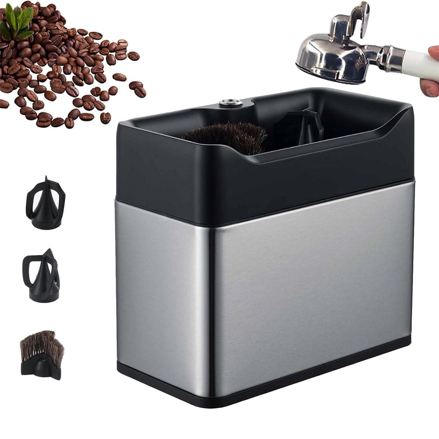 Limpiador automático de posos de café, Limpiador eléctrico de portafiltros de Espresso con Cabezales de Cepillo Dobles, para Mangos de 58 mm y 51 mm, rotación de 300 RPM Silver