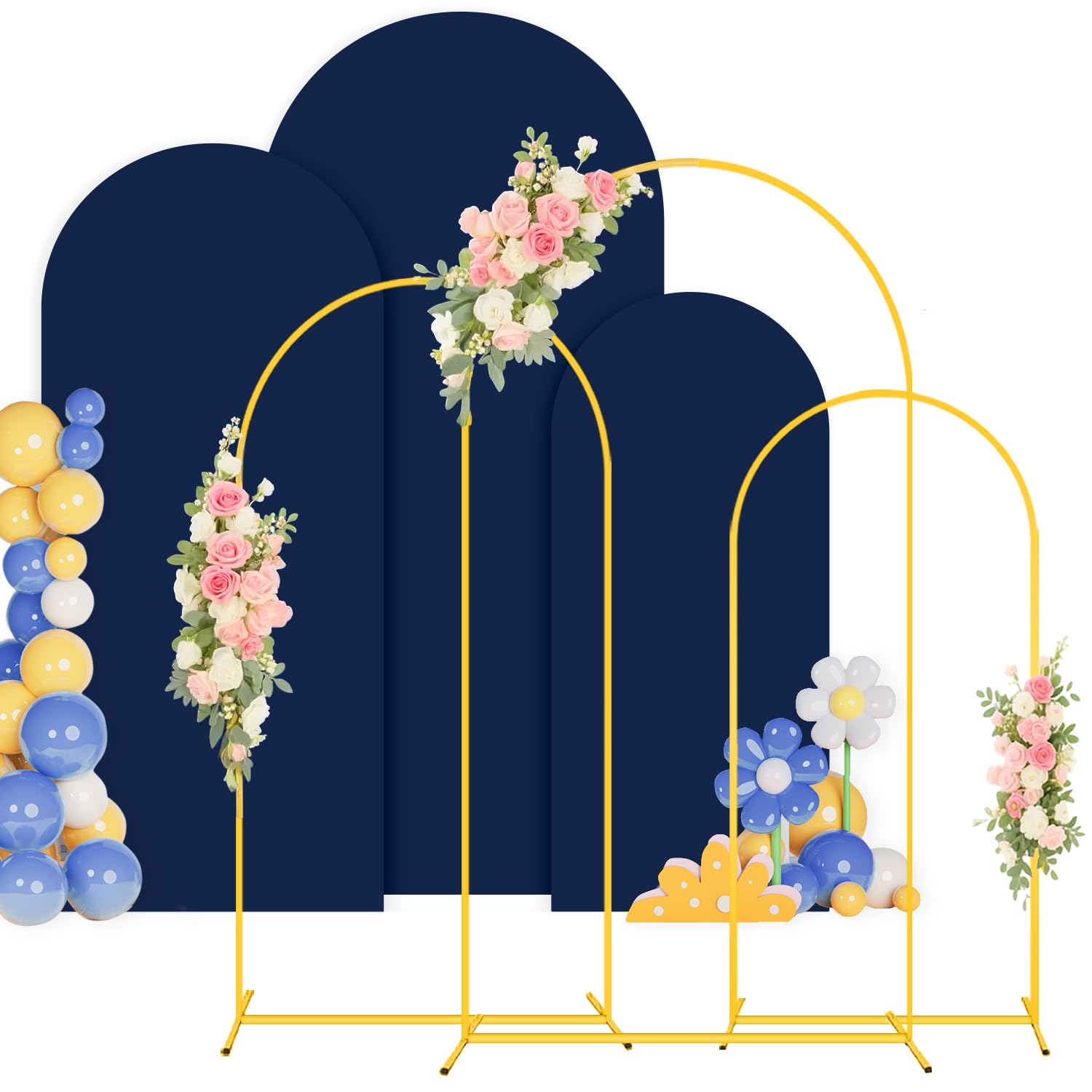 Metal Arch Stand and Cover Set of 3 Backdrop Arches Stand with Navy Blue Arch Cover 7.2FT, 6.6FT, 6FT Wedding Arches Backdrop Stand and Covers Set for