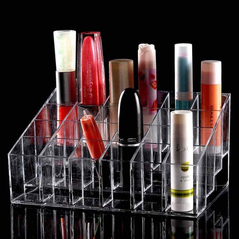 KDR Plastic Cosmetic Shelf Stand Case Grid Squares Lipstick Holder Showcase Stand Cosmetic Organizer Makeup Storage Box (Transparent) (24 Grid 4X6)-image-45