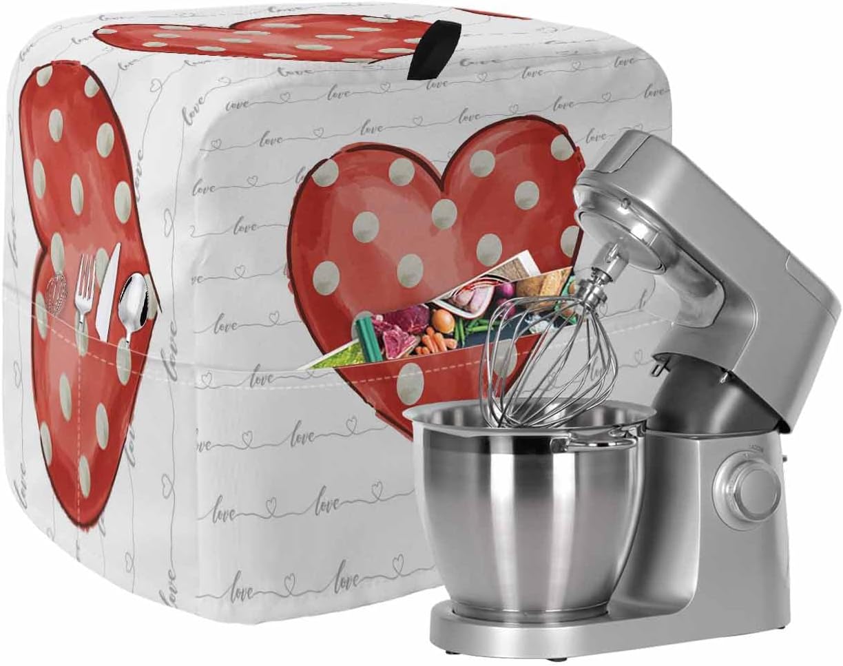 Valentine's Day Stand Mixer Cover with Storage Pocket, Waterproof Kitchen Mixer Covers, Red Love Polka Dots Lines Minimalist Kitchen Appliance Dust Cover Compatible with 6-9 Quart Mixers