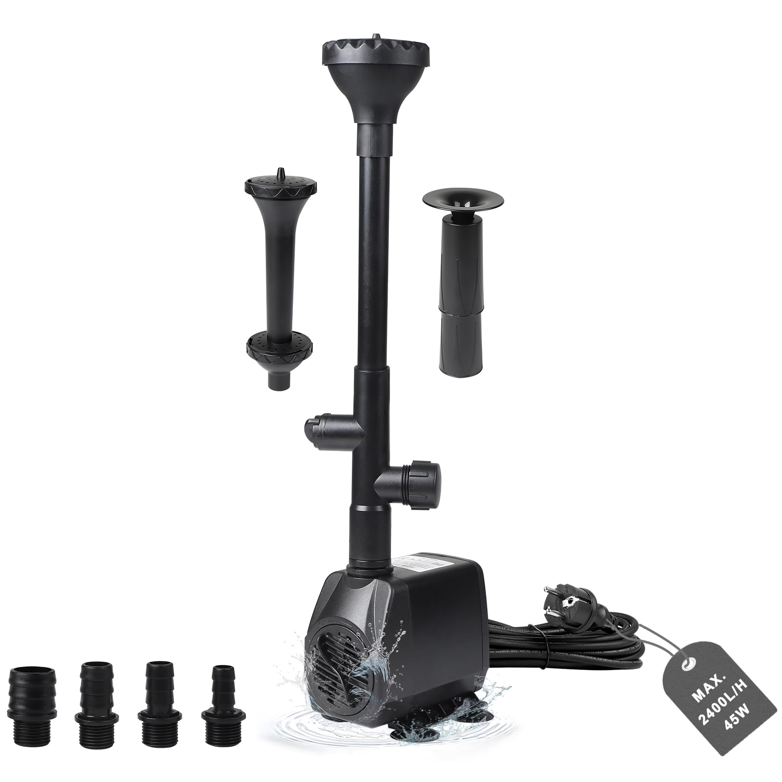EXLECO pompa do oczka wodnego, 2500 l/h, 45 W, 2,5 m, 4 dysze, 3 style fontanny, metalowa pompa dekoracyjna do fontanny, fontanny, zbiornika, filtr do akwarium