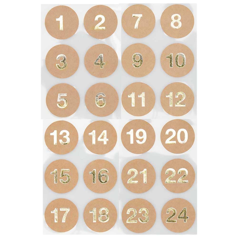 Crafty Capers Kraft - Gold Numbers Kraft | 24 Advent Calendar Stickers | Gold Foil Numbers | 3Cm Wide