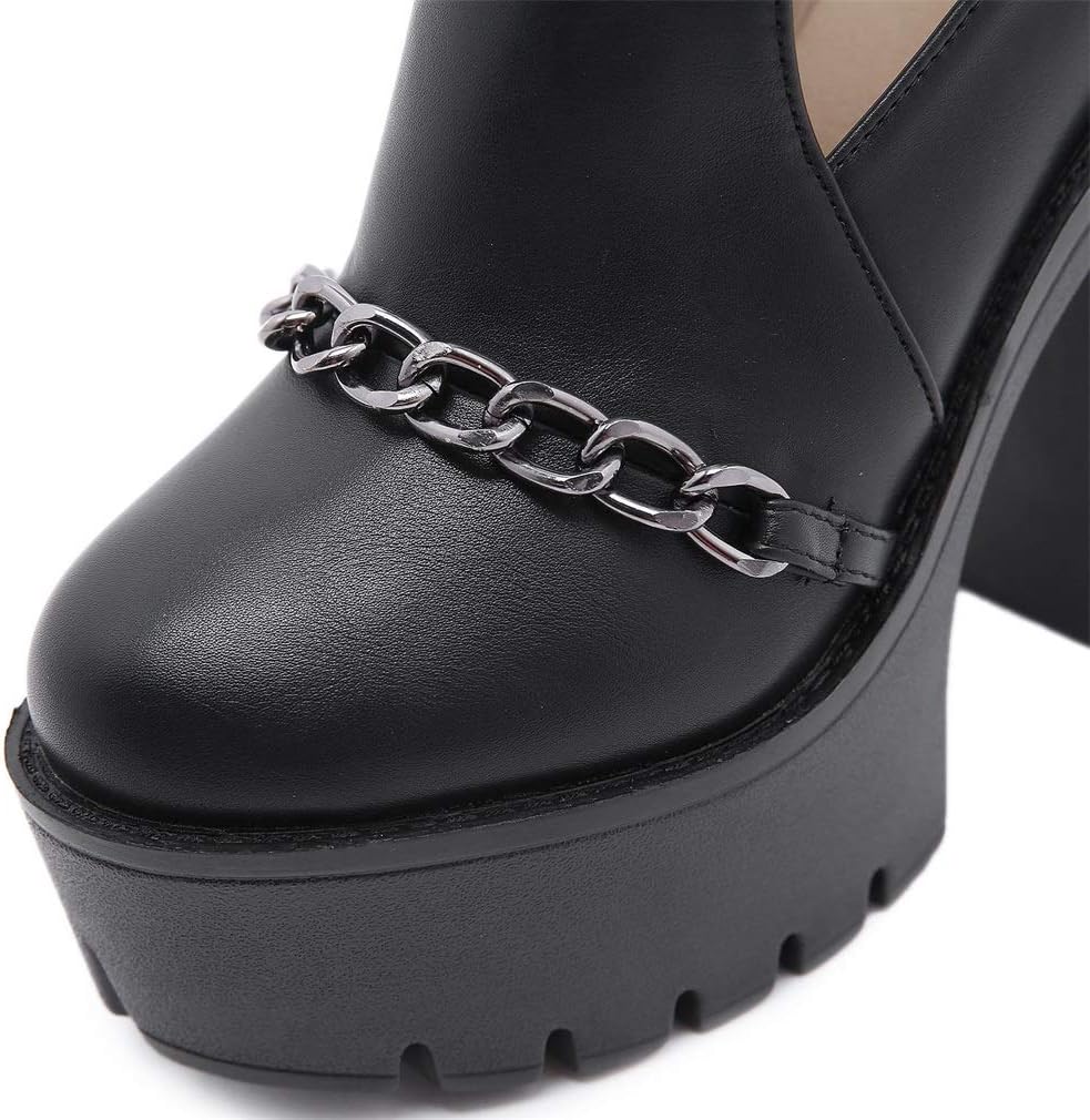 YIYA Women's Fashion Ankle Boots Platform Chunky High Heel Chain Decor Zip Combat Boots Goth Shoes Black