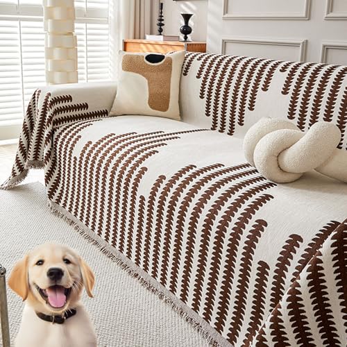 senmew Rayas Reversibles Manta Sofa, Mantas para Sofa Adecuado para 1/2/3/4 Plazas y Sofa Chaise Longue, Manta Cubre Sofa Impermeable, Adecuado para Varios Escenarios (Marrón,180x380cm)