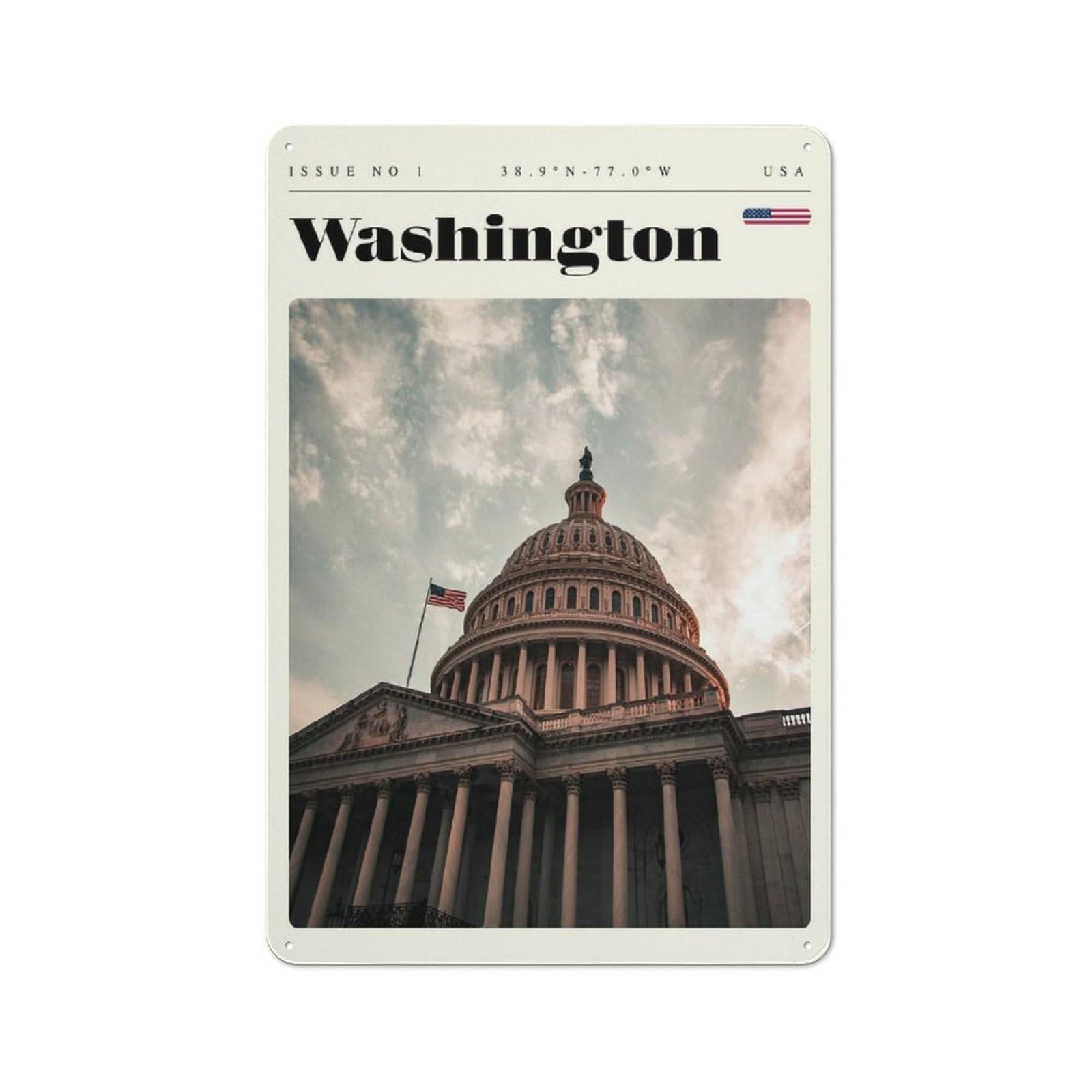 Junmoney Style-19 Tin Sign 30X20cm With Washington D.c. Capitol Travel Art For Garage Wall, Vintage Decor, A Housewarming Gift For Fans Of Vintage Interiors