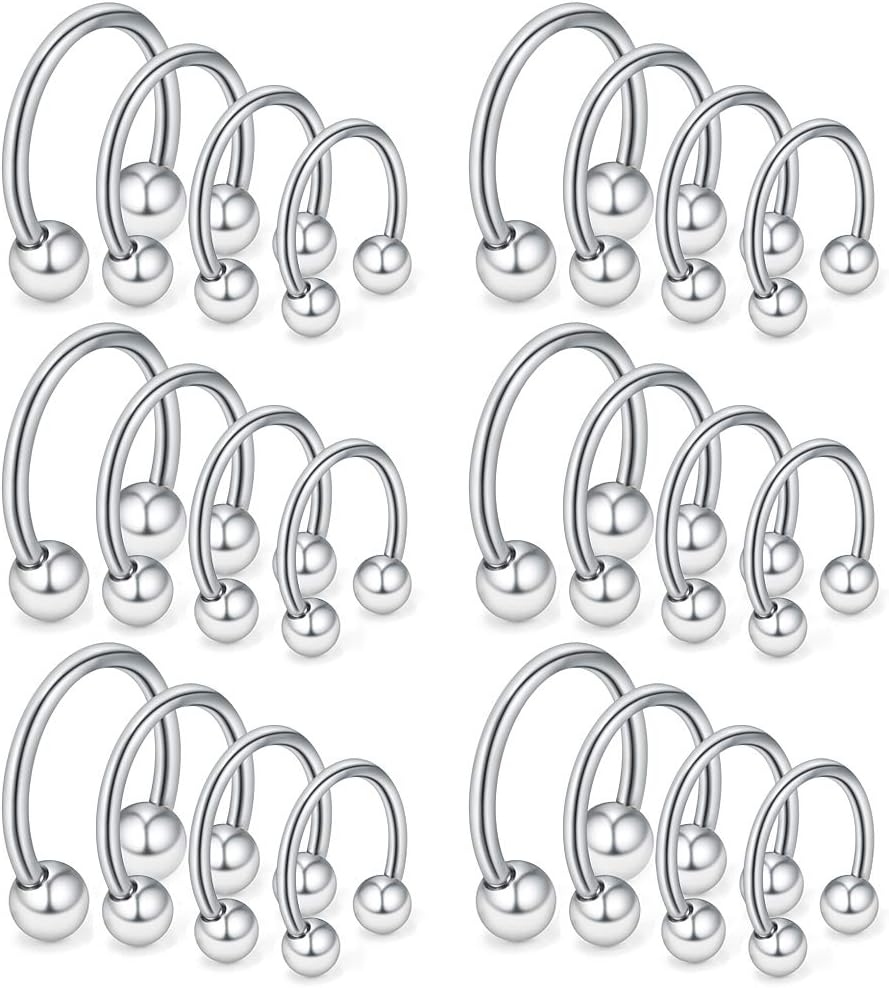 24-36PCS 16G 14G 12G Surgical Steel Nose Septum Horseshoe Earring Eyebrow Tongue Lip Nipple Helix Tragus Piercing Rings 6-19mm