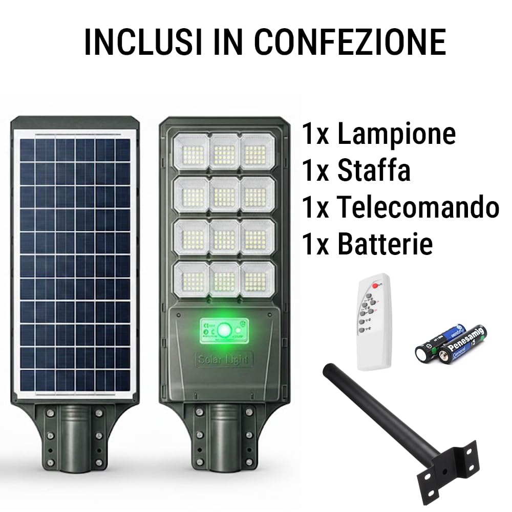 Generico Lampione Solare 800W con 360 LED, Sensore di Movimento Radar, IP67 Impermeabile, Telecomando, Timer Crepuscolare, Ricarica Solare Rapida per Giardino