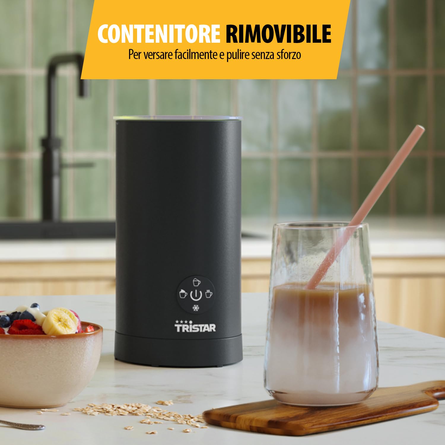 Tristar Milk Frother, Funzione 4 in 1, Potenza 500 W per Scaldare e Montare il Latte, Controllo a Un Pulsante, Caraffa Rimovibile, MK-2278