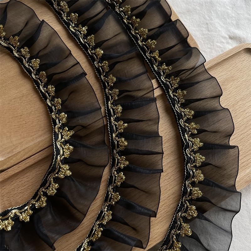 Lace Trim，Pleated Chiffon Lace Edge Trim ，Gold Thread Ribbon Stitched Pleated Organza Lace DIY Children's Clothing Dress Cheongsam Clothes Corsage Skirt Decoration, 1 yard, Black